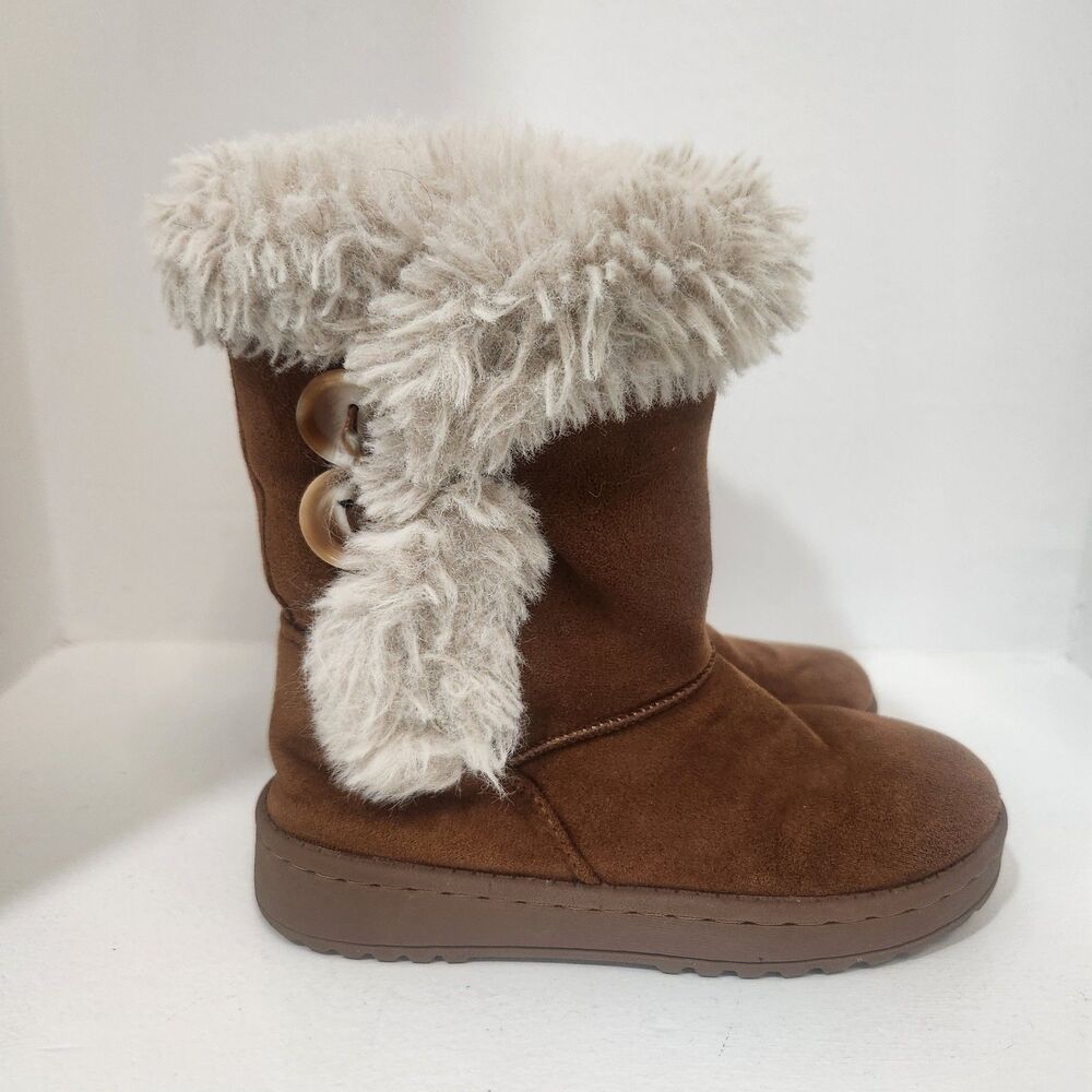 So Sophia Chestnut Brown Winter Boots With Faux Fur Trim Buttons Girls Size 13